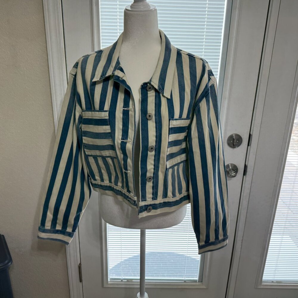 NWOT DKNY JEANS Blue & White Striped Jean Jacket SZ XL